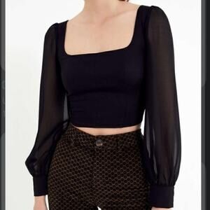 Urban Outfitters Black Lena Sheer Sleeve Square Neck Top